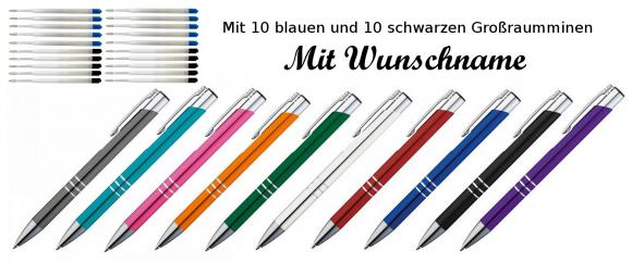 10 Kugelschreiber mit Namensgravur / je 10 schwarze + blaue Minen / 10 Farben