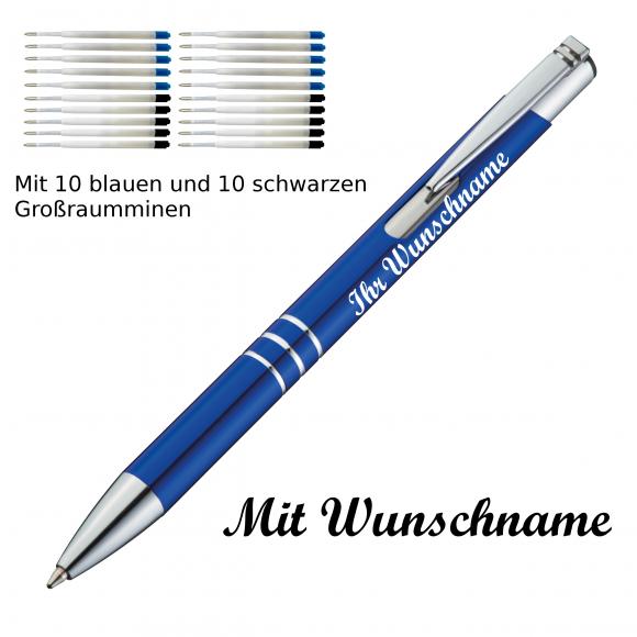 10 Kugelschreiber mit Namensgravur / je 10 schwarze + blaue Minen / blau