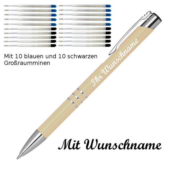 10 Kugelschreiber mit Namensgravur / je 10 schwarze + blaue Minen / elfenbein