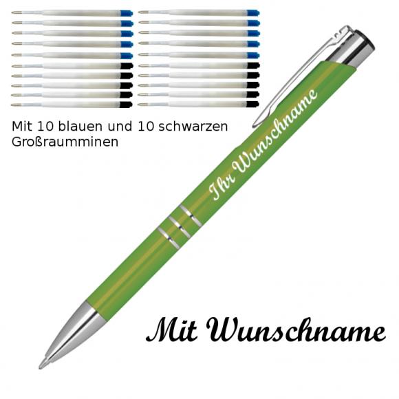 10 Kugelschreiber mit Namensgravur / je 10 schwarze + blaue Minen / hellgrün