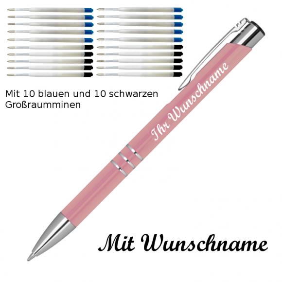 10 Kugelschreiber mit Namensgravur / je 10 schwarze + blaue Minen / rosé