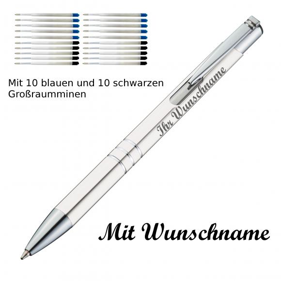 10 Kugelschreiber mit Namensgravur / je 10 schwarze + blaue Minen / weiß