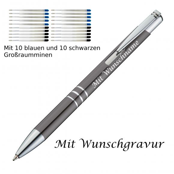 10 Metall Kugelschreiber mit Gravur / je 10 schwarze + blaue Minen / anthrazit