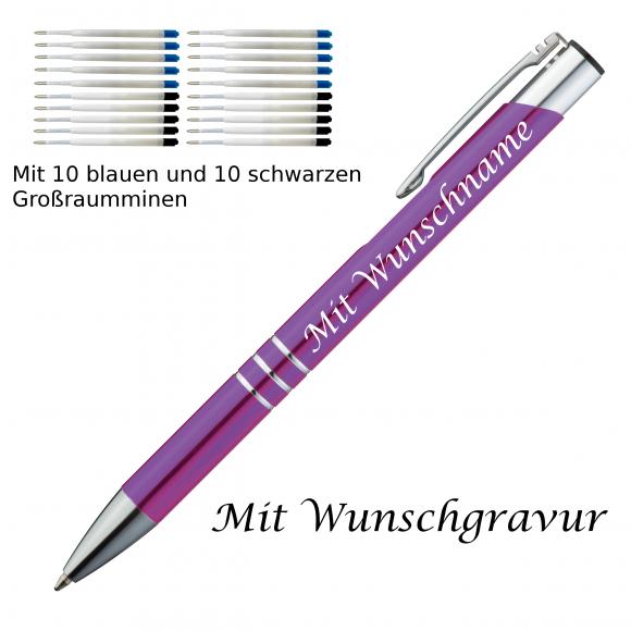 10 Metall Kugelschreiber mit Gravur / je 10 schwarze + blaue Minen / lila