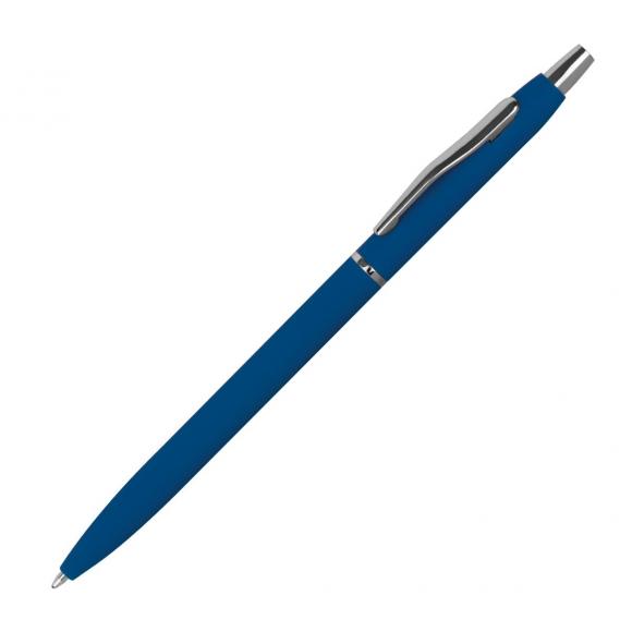 10 Schlanke Metall-Kugelschreiber mit Gravur / gummiert / Farbe: blau