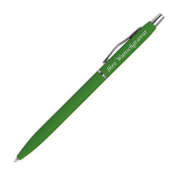 10 Schlanke Metall-Kugelschreiber mit Gravur / gummiert / Farbe: grün
