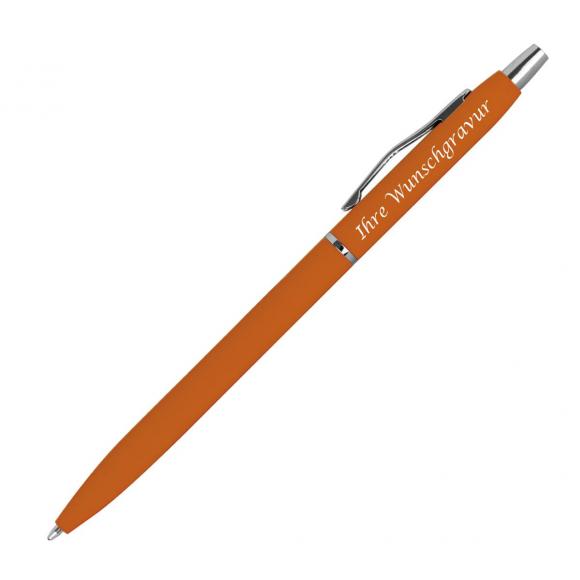 10 Schlanke Metall-Kugelschreiber mit Gravur / gummiert / Farbe: orange