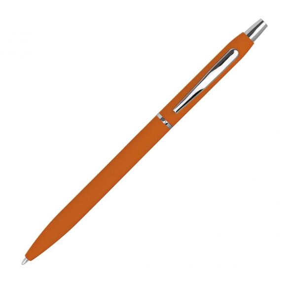 10 Schlanke Metall-Kugelschreiber mit Gravur / gummiert / Farbe: orange