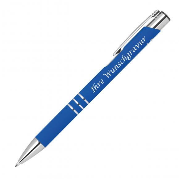 10 Semi Gel-Kugelschreiber aus Metall mit Gravur / gummiert / Farbe: blau