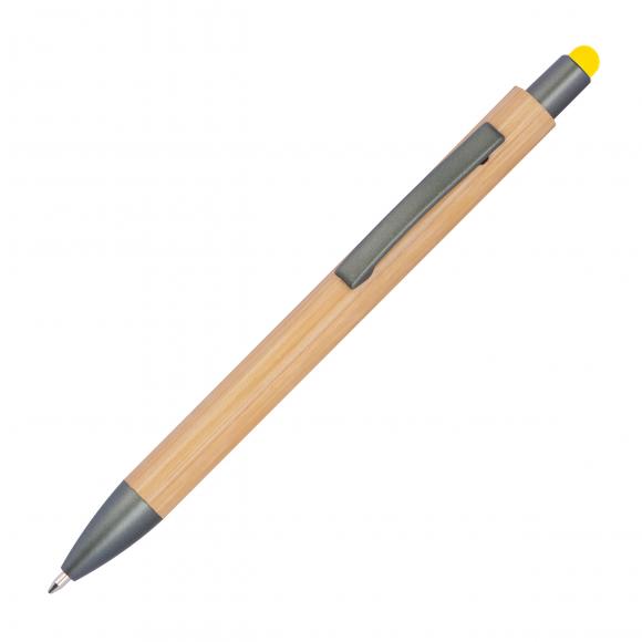 10 Touchpen Holzkugelschreiber aus Bambus mit Gravur / Stylusfarbe: gelb