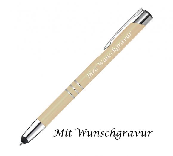 10 Touchpen Kugelschreiber aus Metall mit Gravur / Farbe: elfenbein