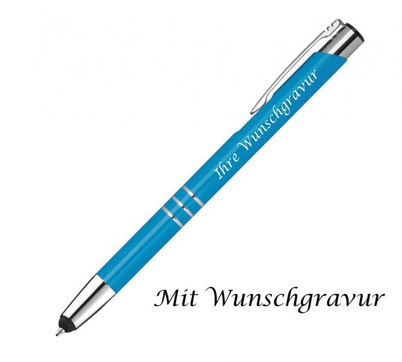 10 Touchpen Kugelschreiber aus Metall mit Gravur / Farbe: hellblau