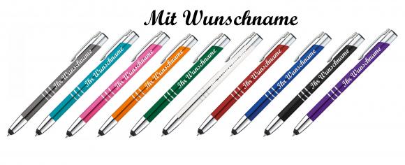 10 Touchpen Kugelschreiber aus Metall mit Namensgravur - 10 verschiedene Farben