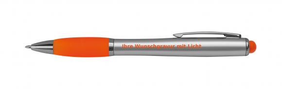 10 Touchpen Kugelschreiber mit Gravur im farbigen Licht / Farbe: silber-orange