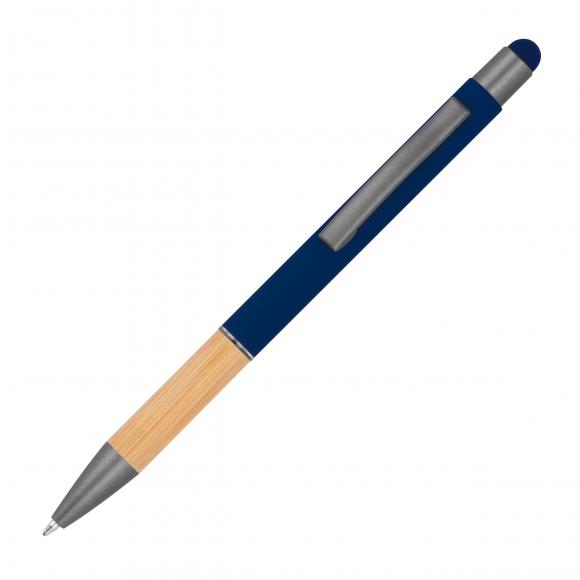 10 Touchpen Kugelschreiber mit Griffzone aus Bambus mit Gravur / dunkelblau