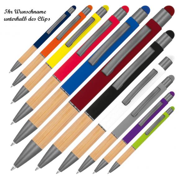 10 Touchpen Kugelschreiber mit Griffzone aus Bambus mit Namensgravur - 10 Farben