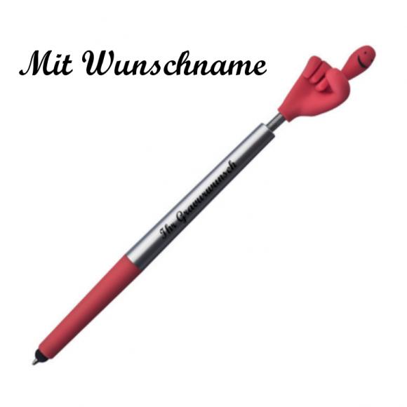 10 Touchpen Kugelschreiber mit Namensgravur - "Smile Hand" - Farbe: silber-rot