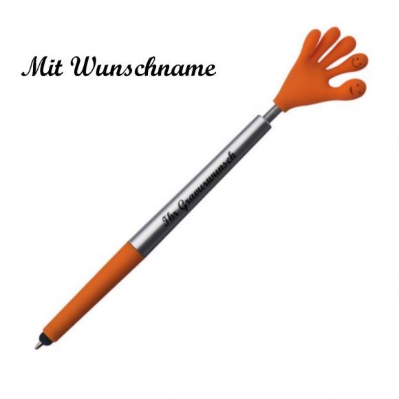 10 Touchpen Kugelschreiber mit Namensgravur -"Smile Hand" - Farbe: silber-orange