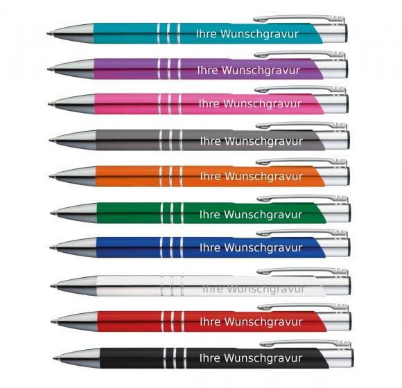 100 Kugelschreiber aus Metall / mit Gravur / 10 verschiedene Farben