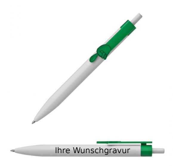 100x Druckkugelschreiber mit Gravur / "Fingerzeig" / Clipfarbe: grün