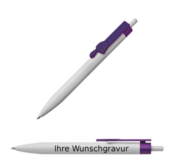 100x Druckkugelschreiber mit Gravur / "Fingerzeig" / Clipfarbe: lila