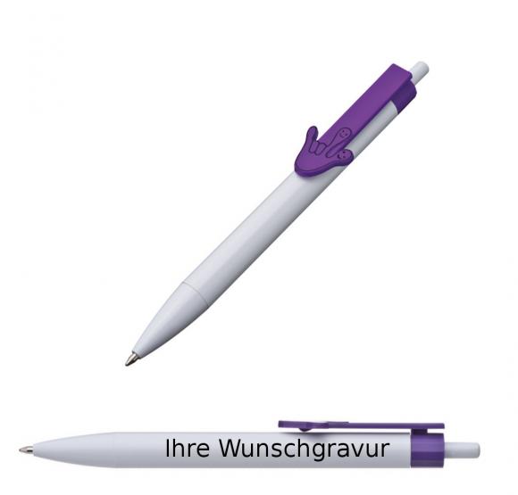 100x Druckkugelschreiber mit Gravur / "Hände" / Clipfarbe: lila