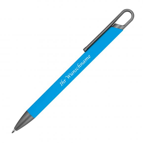 10x Gummierter Soft Touch Gel Kugelschreiber aus Metall mit Gravur / hellblau