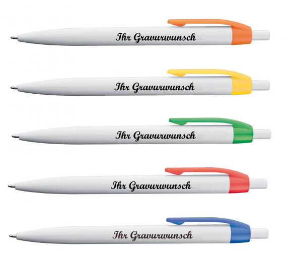 10x Kugelschreiber mit Namensgravur - Clipfarbe: je 2x grün,orange,gelb,rot,blau