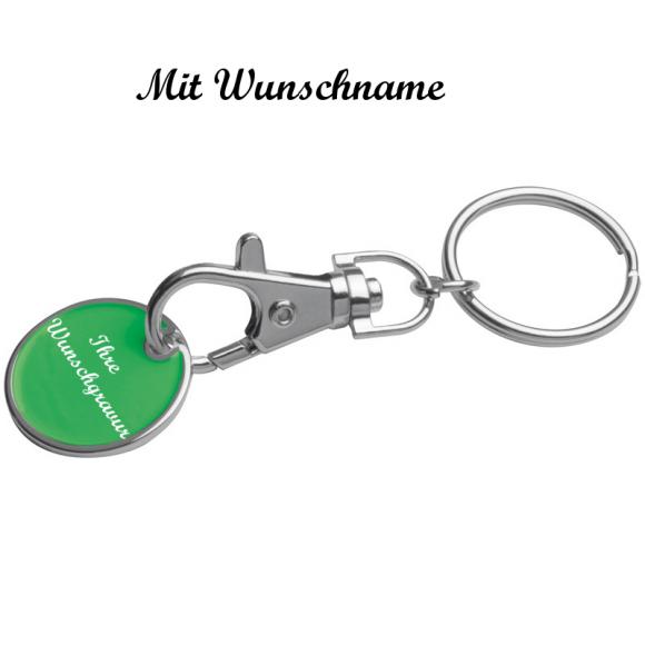 10x Metall Schlüsselanhänger mit Namensgravur - mit Einkaufschip - Farbe: grün