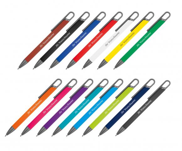 15x Gummierter Soft Touch Gel Kugelschreiber aus Metall mit Gravur / 15 Farben
