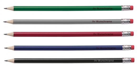 25 Bleistifte mit Radierer / HB / je 5x schwarz,blau,grau, rot,grün / mit Gravur