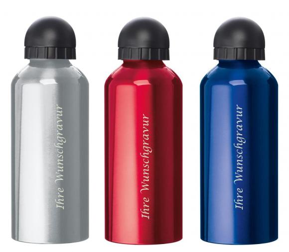 3x Aluminium Trinkflasche mit Gravur / Sportverschluss / je 1x grau,rot,blau