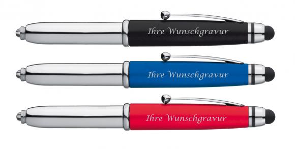 3x LED Touchpen Kugelschreiber mit Gravur / Farbe: je 1x silber-schwarz,rot,blau