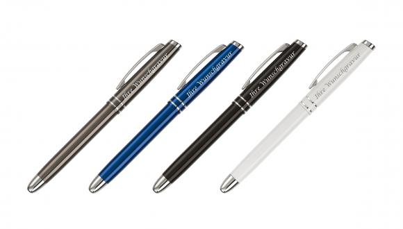 4x Rollerball mit Gravur / aus Metall / mit 2 Zierringen / 4 Farben