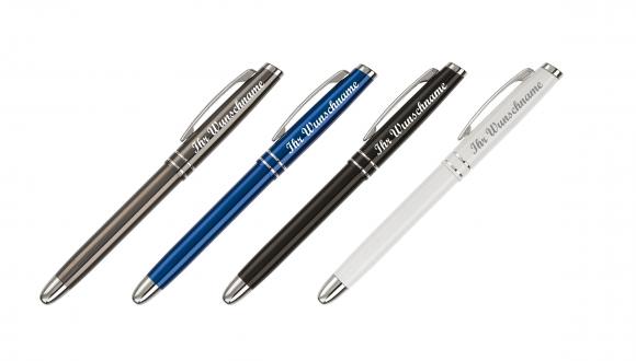 4x Rollerball mit Namensgravur - aus Metall - mit 2 Zierringen - 4 Farben