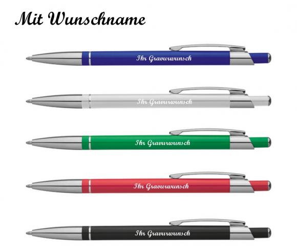 5 Kugelschreiber mit Namensgravur - aus Metall - slimline - 5 versch. Farben