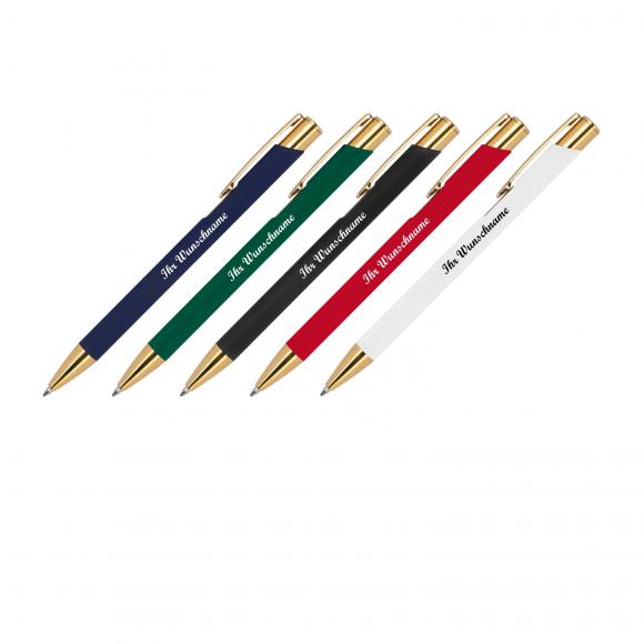 5 Metall-Kugelschreiber mit Namensgravur - mit goldenen Applikationen - 5 Farben