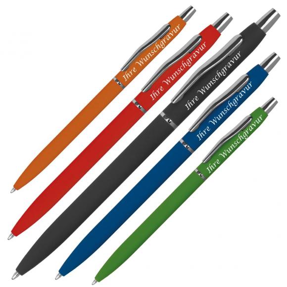 5 Schlanke Metall-Kugelschreiber mit Gravur / gummiert / 5 Farben