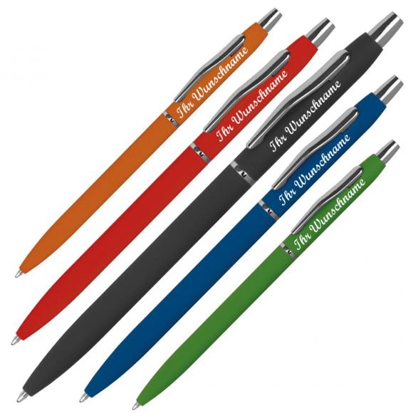5 Schlanke Metall-Kugelschreiber mit Namensgravur - gummiert - 5 Farben