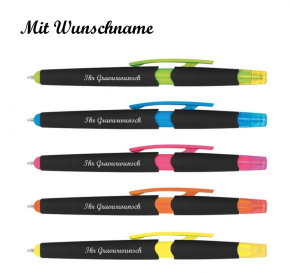 5 Touchpen Kugelschreiber mit Namensgravur - mit Textmarker - 5 versch. Farben