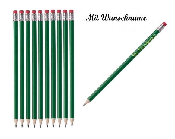 50 Bleistifte mit Radierer - HB / Farbe: lackiert grün - mit Namensgravur