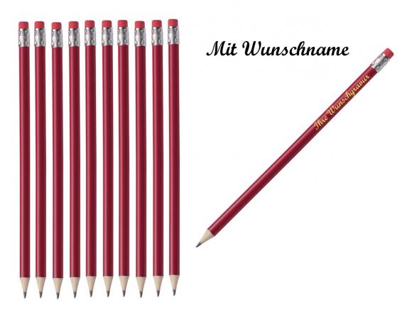 50 Bleistifte mit Radierer - HB - Farbe: lackiert rot - mit Namensgravur