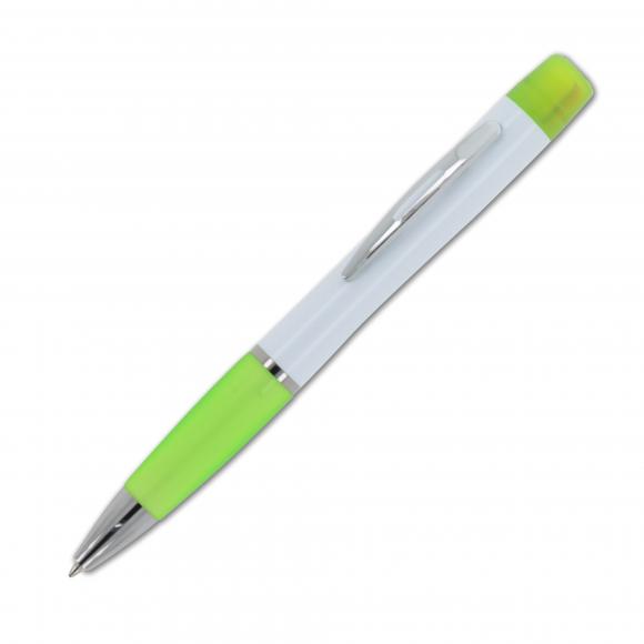 5x Kugelschreiber mit Gravur / mit dreifarbigen Textmarker / weiß-hellgrün