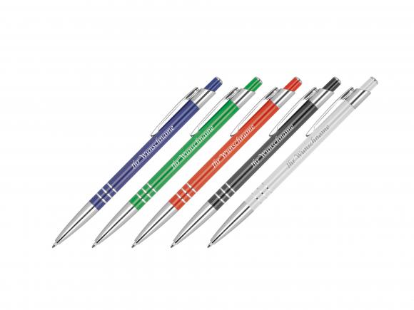 5x Schlanker Kugelschreiber aus Metall mit Gravur / 5 Farben
