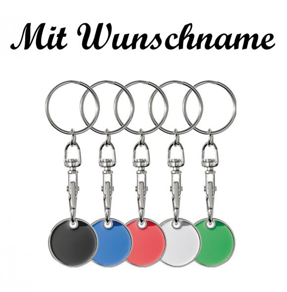 5x Schlüsselanhänger mit Namensgravur - mit Einkaufschip - 5 verschiedene Farben