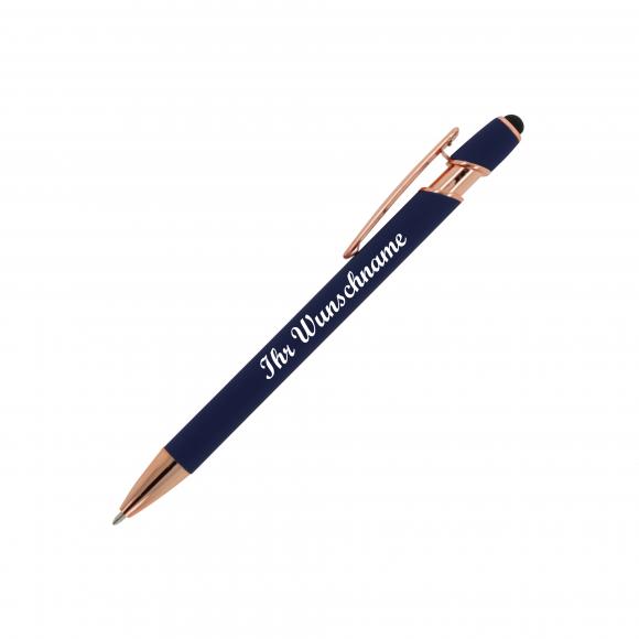 5x Touchpen Kugelschreiber "Roségold" mit Namensgravur - aus Metall - dunkelblau