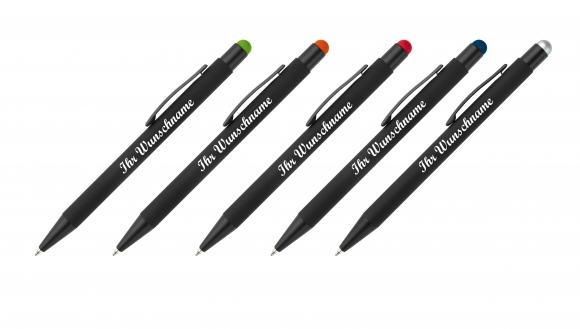5x Touchpen Kugelschreiber mit Namensgravur - aus Metall - mit 5 Stylusfarben