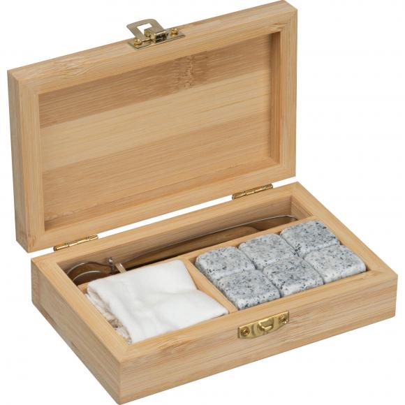 6 wiederverwendbare Eiswürfel aus Granit mit Edelstahlzange in einer Bambusbox