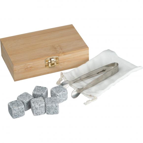 6 wiederverwendbare Eiswürfel aus Granit mit Edelstahlzange in einer Bambusbox