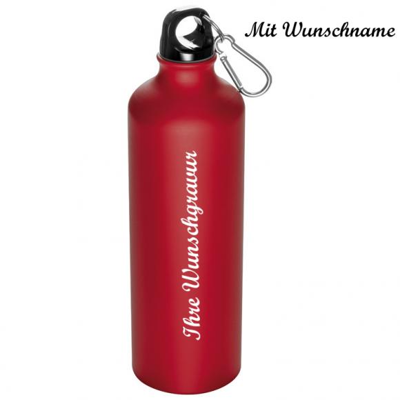 Alu Trinkflasche mit Namensgravur - mit Karabinerhaken - 800ml - Farbe: rot